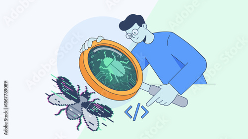 Software testing debugging concept. Programmer with magnifying glass finding bug. Quality assurance error fixing. Developer checking code. Flat vector design technology security system.