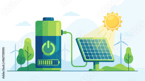 Stylized battery charging with solar power panel. Green energy storage concept. Renewable electricity technology. Eco friendly sustainability. Photovoltaic system. Flat vector design.