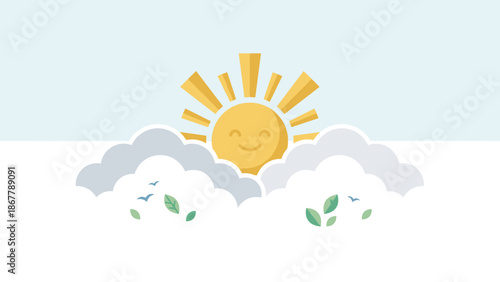 Stylized sun emerging from clouds. Hope and optimism concept. Flat vector illustration. Happy smiling sunshine. Morning sunrise sky. Positive weather icon. Joyful summer nature design.