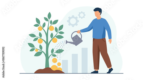 Businessman watering money tree. Financial growth investment concept. Man nurturing plant. Profit increase. Economic success. Wealth building. Business strategy. Flat vector design.