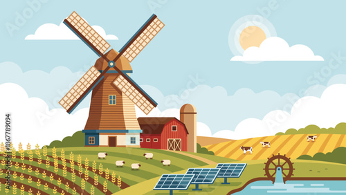 Rural farm landscape with windmill and solar panels. Agriculture farming concept. Flat vector illustration. Countryside barn with cows and sheep. Renewable eco energy. Scenic nature.