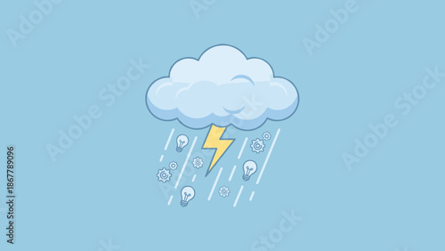 Stylized cloud with lightning bolt. Brainstorming concept. Creative idea innovation. Flat vector illustration. Thunderstorm weather icon. Mind storming. Energy power. Solution.