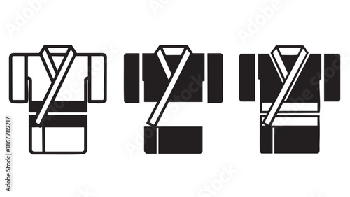 Martial arts uniforms with different belt styles illustrated in a row