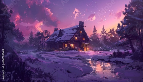 Charming winter village with glowing windows, smoke rising from chimneys, and gentle snowfall