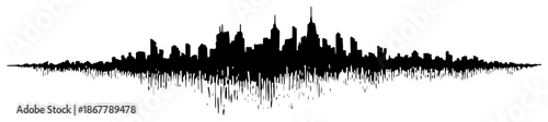 Panoramic city skyline silhouette mixed with abstract sound wave reflection and urban rhythm