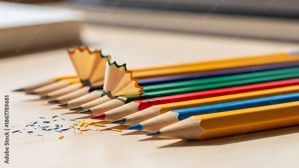 Obraz premium Close-up of sharpened pencils arranged neatly on a desk, shallow depth of field, academic and creative concept