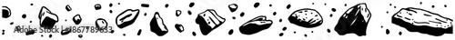 Horizontal panoramic border featuring scattered rocks stones and flying debris or asteroids