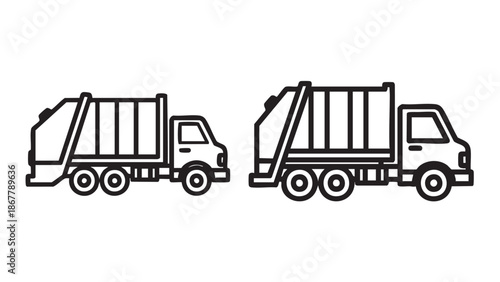 Two garbage trucks with open containers facing opposite directions on a white background