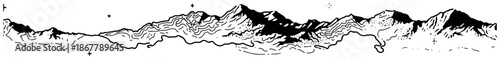 Hand drawn panoramic mountain landscape with topographic contour lines