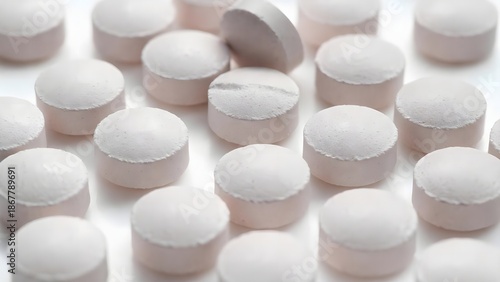 Macro Close-Up of Medical Pills and Capsules Scattered on a Bright White Surface