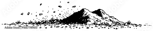 Hand drawn sketch of earth pile with scattered rocks and debris