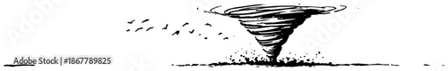 Tornado whirlwind sketch with birds flying away from the storm