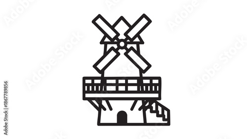 Simplified illustration of a traditional windmill with rotating blades on a rural building