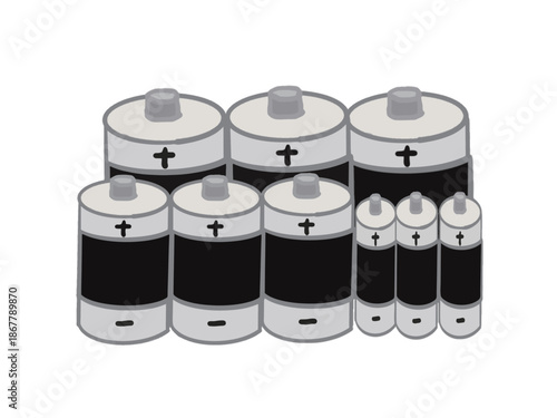 Illustration of a set of batteries with different sizes lined up
