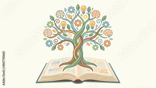 Tree of knowledge open book. Education concept. Creative idea innovation. Brain gears lightbulb icons. Wisdom literature reading. Imagination smart mind development. School study success
