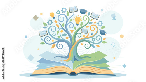Knowledge tree growing from open book. Education concept. Lightbulb gear graduation cap. Wisdom learning. Imagination creativity. Intellectual growth. Flat vector illustration.