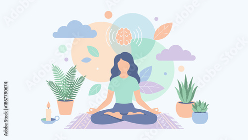 Woman meditating in lotus pose. Yoga and mindfulness practice. Mental health concept. Wellness and relaxation. Zen balance. Brain icon. Peaceful self care flat vector illustration.