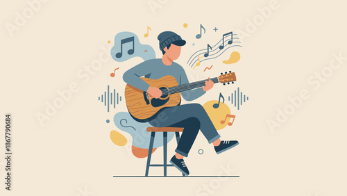 Musician playing acoustic guitar flat vector illustration. Guitarist performing music. Entertainment hobby concept. Musical instrument player. Melody notes. Creative design art.