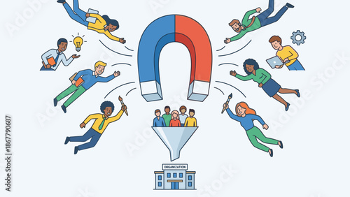 Talent acquisition magnet and recruitment funnel. Attracting diverse skilled professionals to organization. HR hiring strategy concept. Business flat vector illustration.
