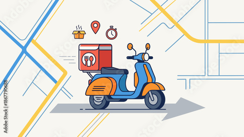 Fast food delivery scooter service. Restaurant shipping. Moped with thermal box. Urban logistics. Map route. Online order app. Takeaway courier. Speed timer. Location pin navigation.