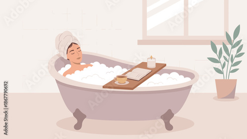 Woman relaxing in bubble bath. Self care routine. Girl taking bath with foam. Spa wellness at home. Bathroom interior. Flat vector illustration. Mental health. Hygiene. Comfort rest.