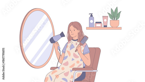 Woman blow drying hair in beauty salon. Female character styling with hairdryer and brush near mirror. Beauty care concept. Flat vector illustration design isolated on white.