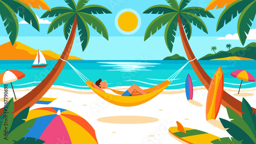 Tropical beach paradise vector. Summer vacation background. Hammock between palm trees. Relaxing exotic island holiday. Sunny ocean view. Travel tourism resort. Flat landscape design