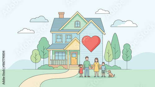Stylized family house with heart. Home sweet home concept. Flat vector illustration. Real estate market property. Residential mortgage. Love symbol. Buying new building. Ownership.