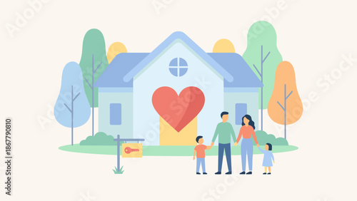 Happy family near stylized house with heart. Home sweet home concept. Real estate market. Residential building. Flat vector illustration. Love, care, mortgage, property ownership.