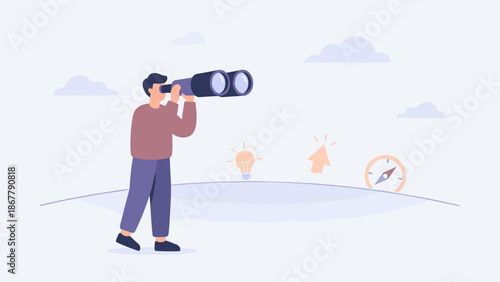 Man with binoculars searching for opportunities. Business vision and future strategy concept. Looking at horizon. Discovery and exploration. Flat vector character illustration design.