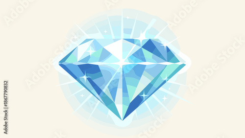Large blue diamond shining brightly. Premium quality luxury concept. Flat vector illustration value symbol. Precious jewel crystal icon. Brilliant shine sparkle. Expensive wealth treasure.