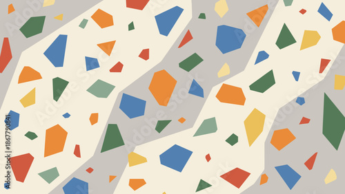 Abstract terrazzo texture background. Stone pattern with colorful chips. Interior design trend. Venetian marble flooring. Seamless confetti. Modern geometric mosaic. Decorative granite art.