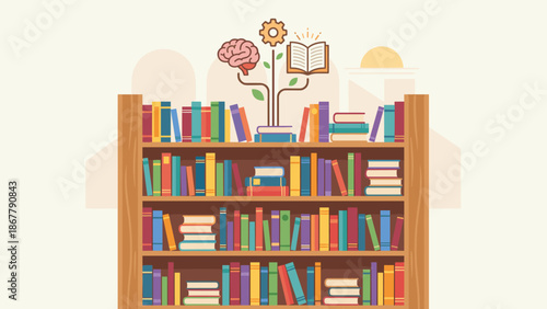 Library wooden bookshelf full of colorful books. Education knowledge archive concept. Flat vector illustration. School study learning. Reading literature wisdom. University research.