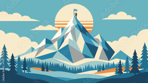 Stylized snowy mountain peak. Man with flag on summit. Success and victory. Adventure background. Geometric nature. Hiking climbing top. Flat vector illustration. Leader symbol.
