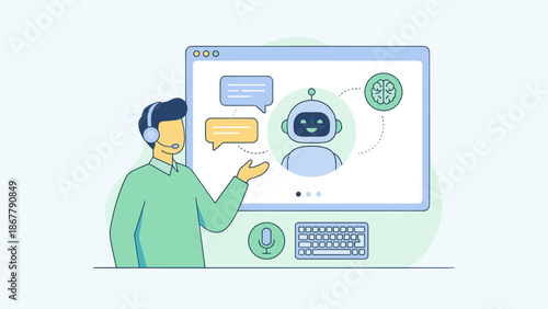 AI chatbot customer service concept. Man with headset talking to virtual assistant. Artificial intelligence support. Flat vector illustration. Smart technology. Digital automation.