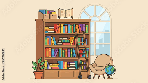 Library bookshelf colorful books wooden ladder knowledge archive education learning literature collection interior home reading room flat vector illustration