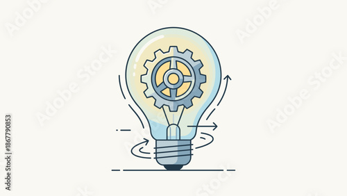 Innovation concept lightbulb with gear inside. Creative engineering idea symbol. Functional technical solution. Business strategy. Mechanical process icon. Smart technology invention.
