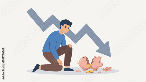 Financial crisis and loss concept. Sad man looking at broken piggy bank. Bankruptcy, recession, economic downturn. Investment failure. Poverty, debt. Lost savings. Flat vector design.