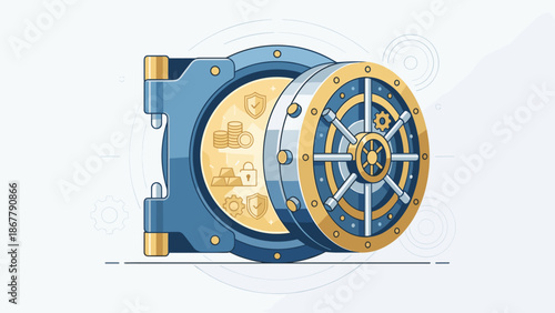Stylized bank vault door half open. Financial security concept. Flat vector illustration. Banking safe protection. Wealth deposit box. Business safety strongbox. Secure money storage.