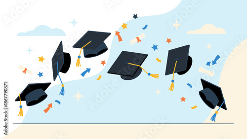 Graduation caps thrown in air. Academic success concept. Flat vector illustration. Education celebration. Flying mortarboard. University degree. Student achievement. College event.