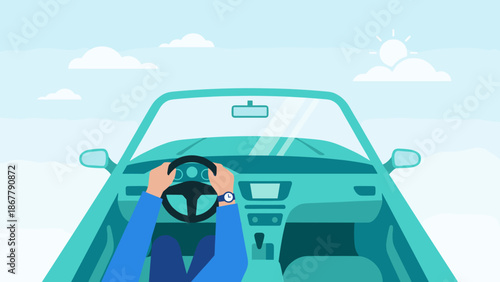 Person driving car. Hands holding steering wheel. Driver inside vehicle. Flat vector illustration. Transport travel concept. Road trip journey. Automobile dashboard control. Commute.