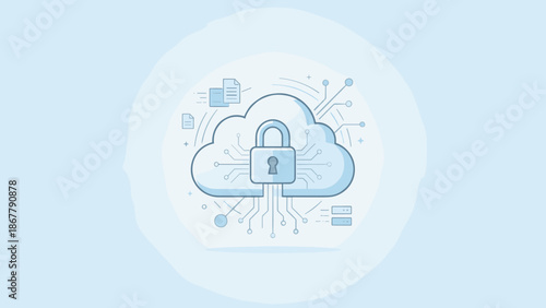 Secure cloud computing concept. Blue cloud with padlock. Cybersecurity data protection. Digital network privacy. Internet technology safety. Web server. Flat vector illustration.