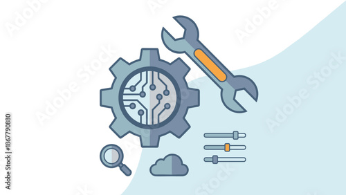 Technical support icon. Gear wheel with wrench tool. Settings configuration concept. Maintenance repair service symbol. Mechanic engineering. Flat vector illustration. Service option.