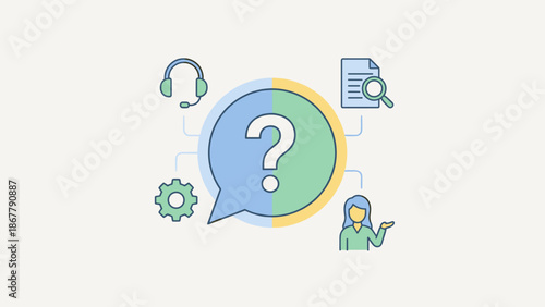 Stylized chat bubble with question mark. Customer support and FAQ concept. Help desk assistance symbol. Technical service and inquiry. Online consultation flat vector design.