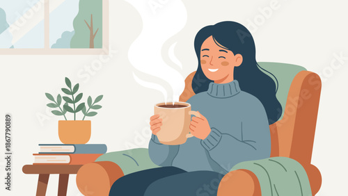Happy woman sitting in cozy armchair holding hot steaming cup of tea. Relaxing break concept at home. Female character enjoying warm drink. Hygge lifestyle. Flat vector illustration.