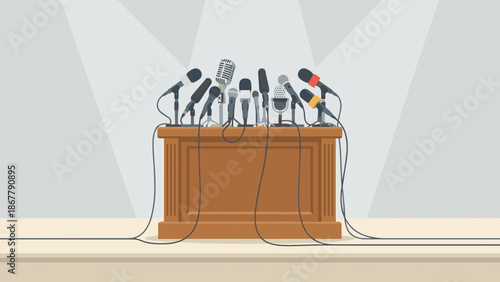 Press conference concept. Wooden podium with microphones. Public speaking tribune. News interview stand. Official announcement platform. Flat vector illustration. Political debate.