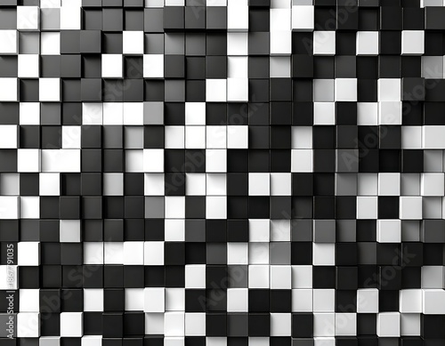 Abstract 3D geometric background with black and white extruded cubes and blocks mosaic. Generated image