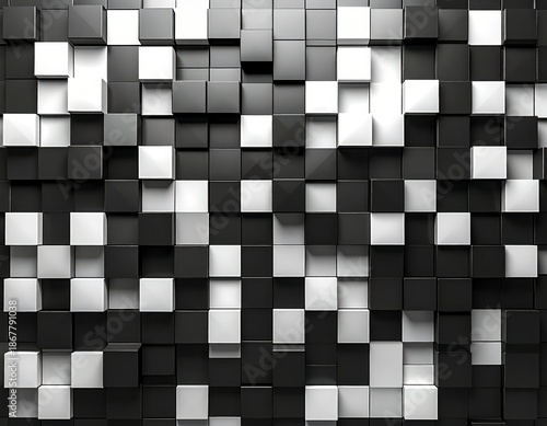 Abstract 3D geometric background with black and white extruded cubes and blocks mosaic. Generated image