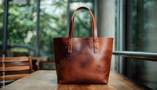 Wallpaper Mural A brown leather tote bag sits on a table, perfect for everyday use or as a decorative piece Torontodigital.ca
