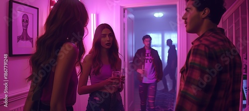 Vibrant halloween party scene with spooky decor, friends celebrating with drinks and neon lights